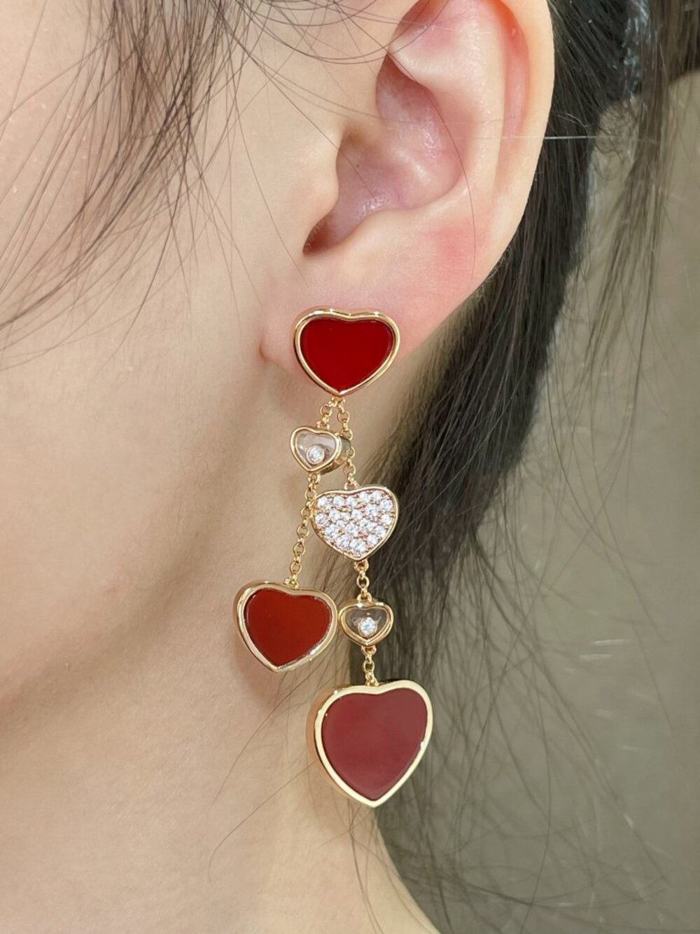 Chopard Gold-Tone Red Multi-Heart Drop Earrings